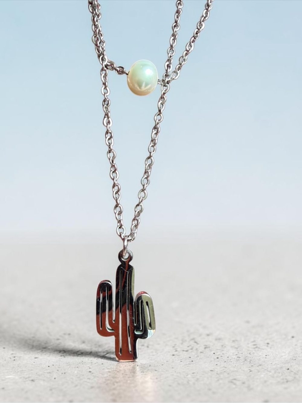 Minimalist Silver Cactus Pendant Necklace with Pearl Accent - by BEYA